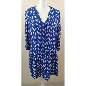 Maeve Anthropologie Womens Tunic Top Large Blue White Button Front V Neck Print